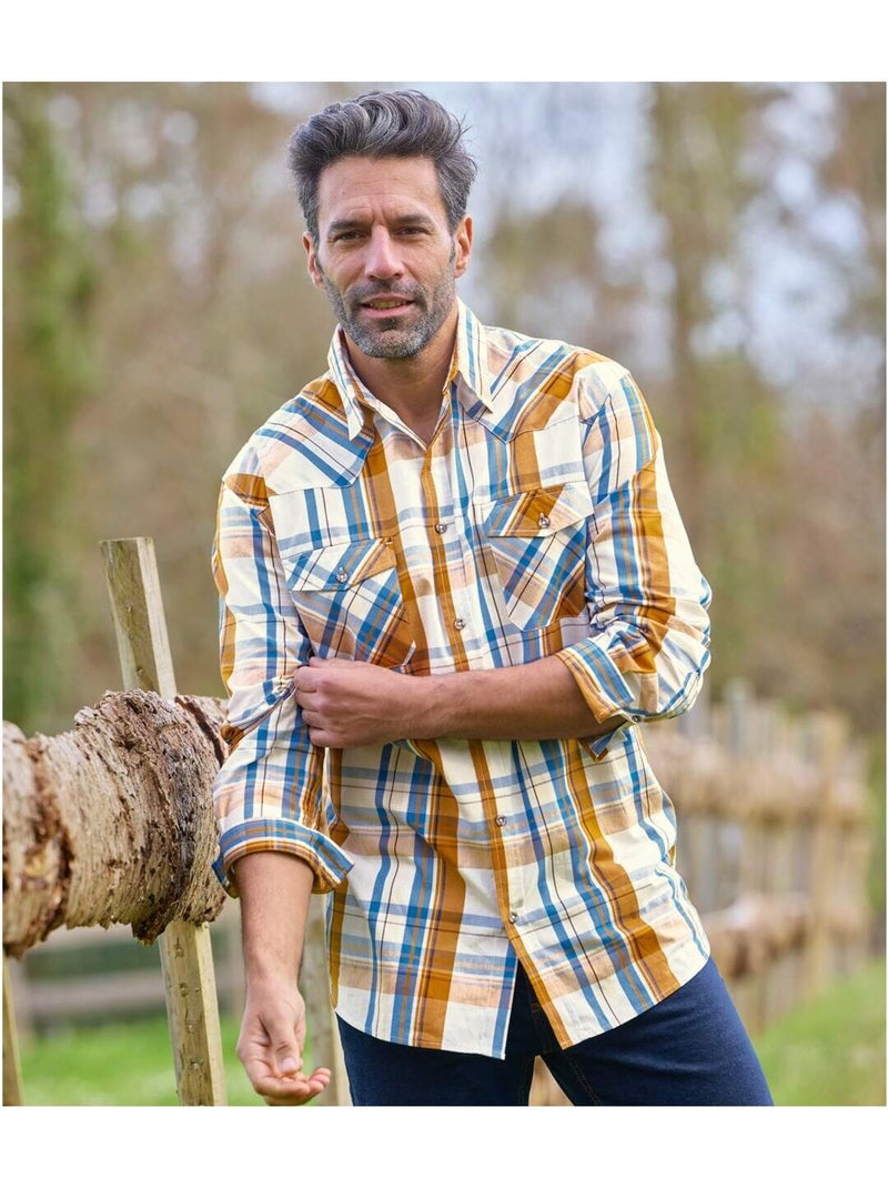 Chemise à Carreaux Texas   - ATLAS FOR MEN Blanc Bleu Blanc - Kiabi