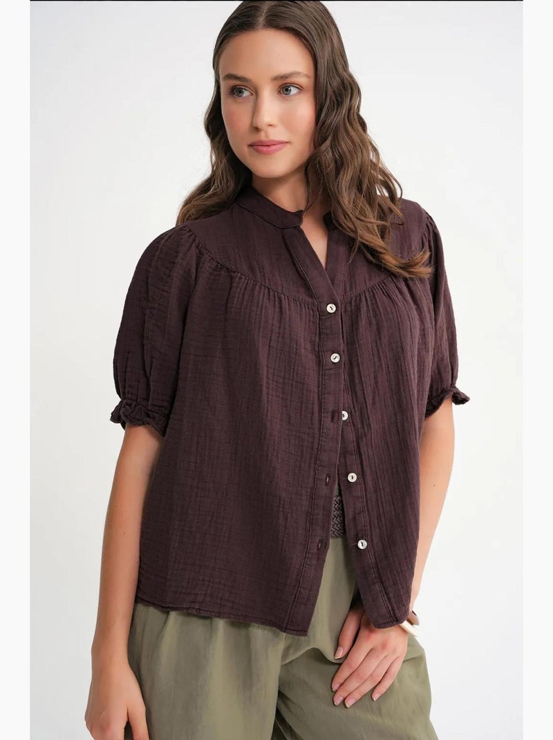 Chemise à col boutonné en lin mélangé mixray Marron foncé - Kiabi