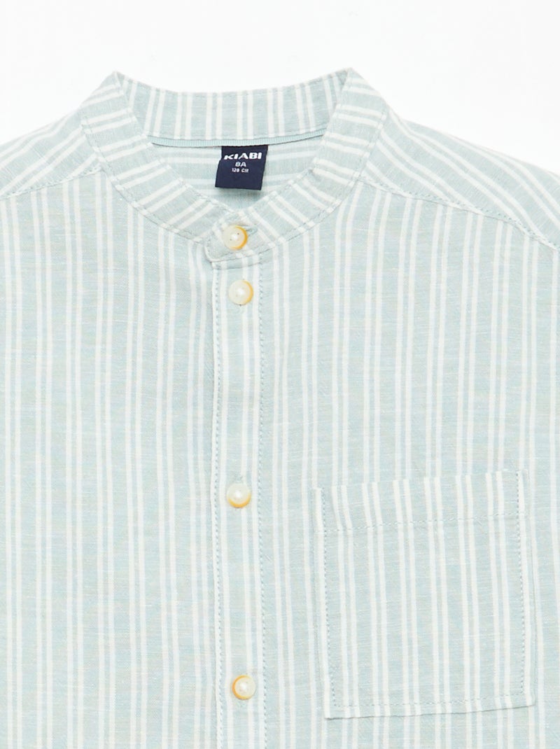 Chemise à col mao à manches courtes en coton et lin Kaki - Kiabi