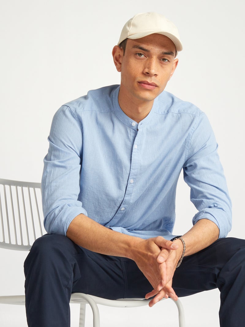 Chemise à col mao en lin mélangé Bleu - Kiabi