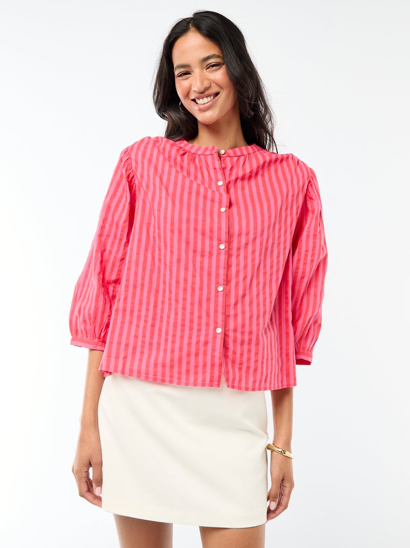 Chemise à col mao et manches 3/4 rayée Rouge - Kiabi