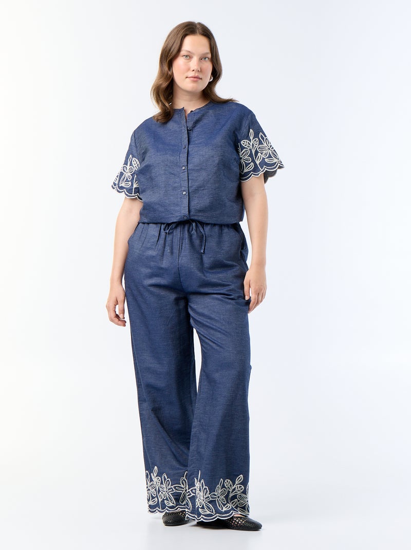 Chemise à manches brodées Bleu - Kiabi