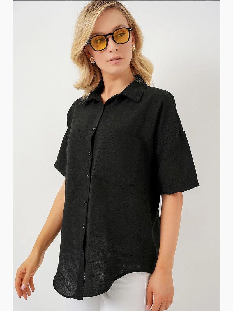 Chemise à manches courtes aspect lin bdart Noir - Kiabi