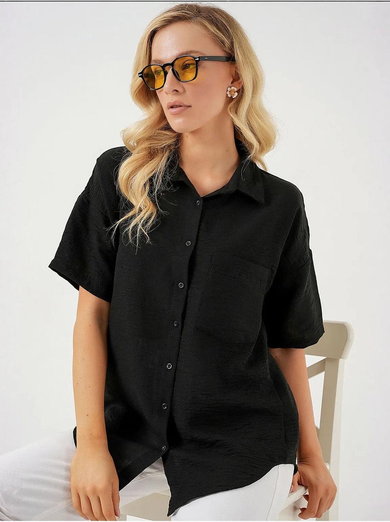 Chemise à manches courtes aspect lin bdart Noir - Kiabi