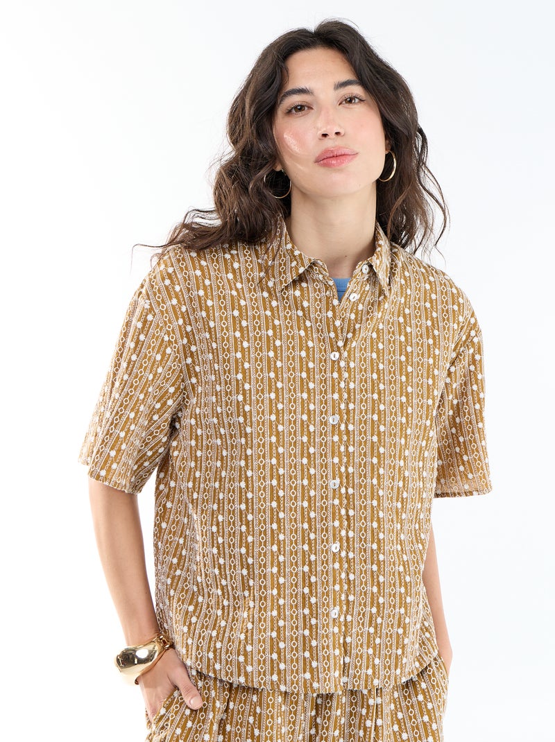 Chemise à manches courtes avec broderies Marron - Kiabi