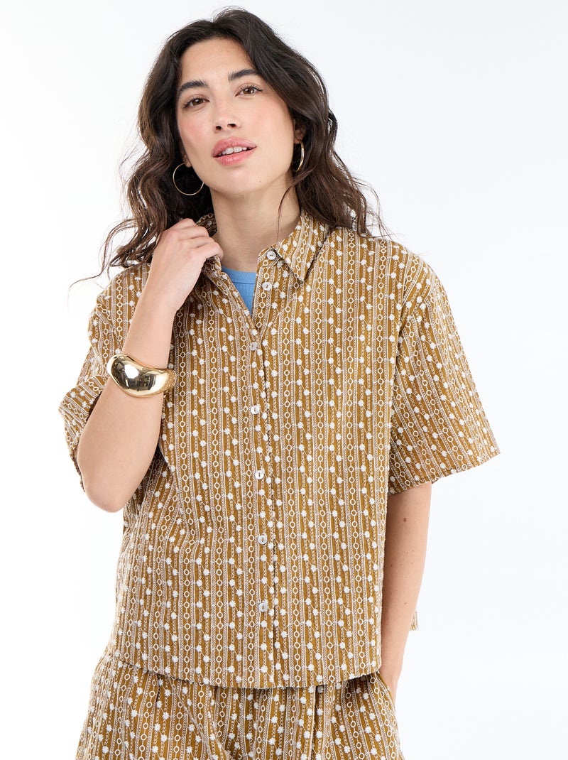 Chemise à manches courtes avec broderies Marron - Kiabi