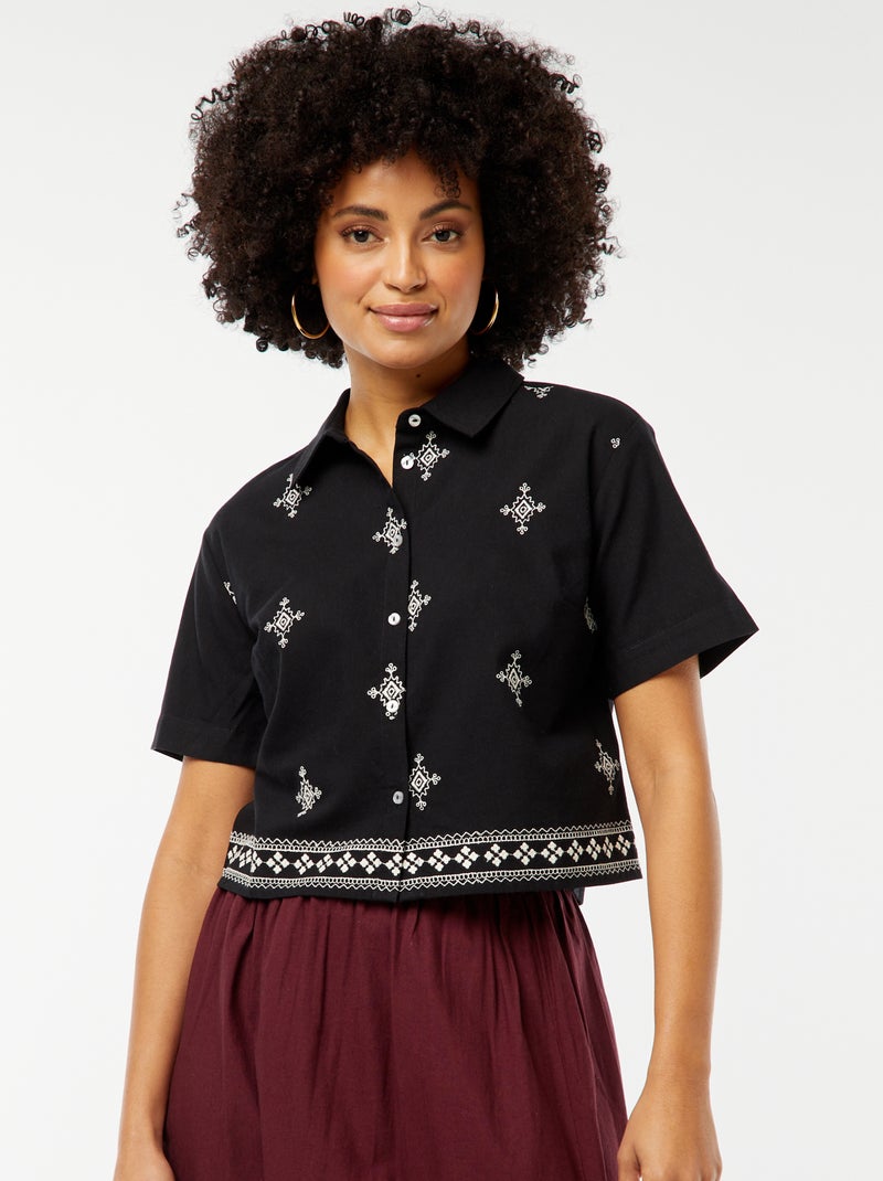 Chemise à manches courtes avec broderies NOIR - Kiabi