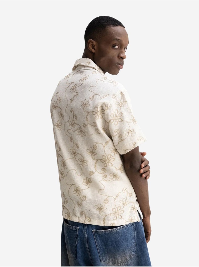 Chemise à manches courtes brodée en popeline de coton giesto Beige naturel - Kiabi