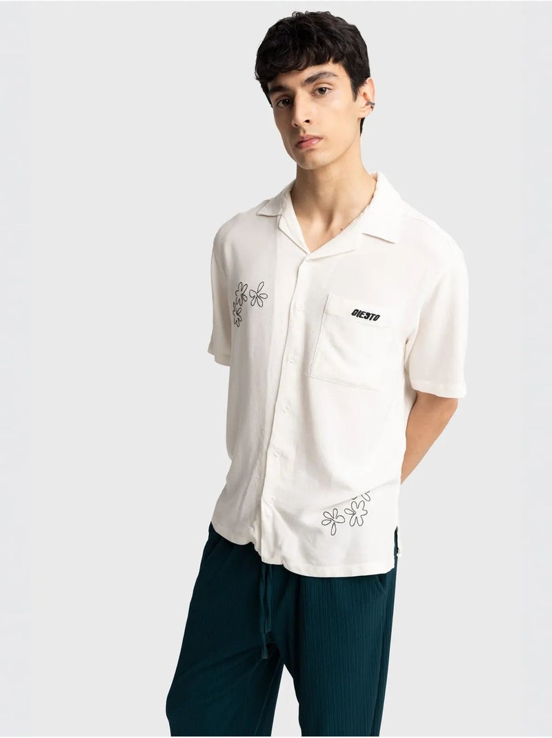 Chemise à manches courtes brodée en popeline de coton giesto Blanc cassé - Kiabi