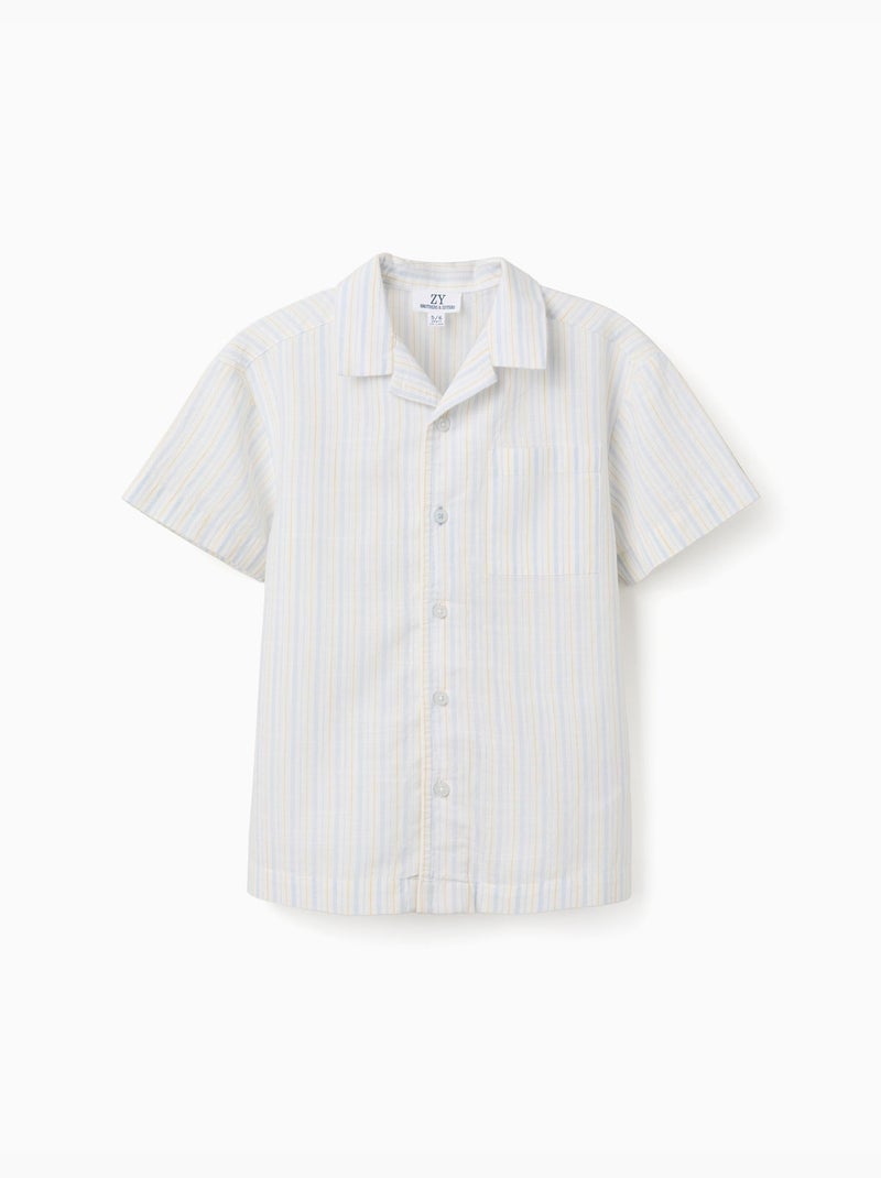 Chemise à manches courtes en coton à rayures B&S Bleu clair - Kiabi