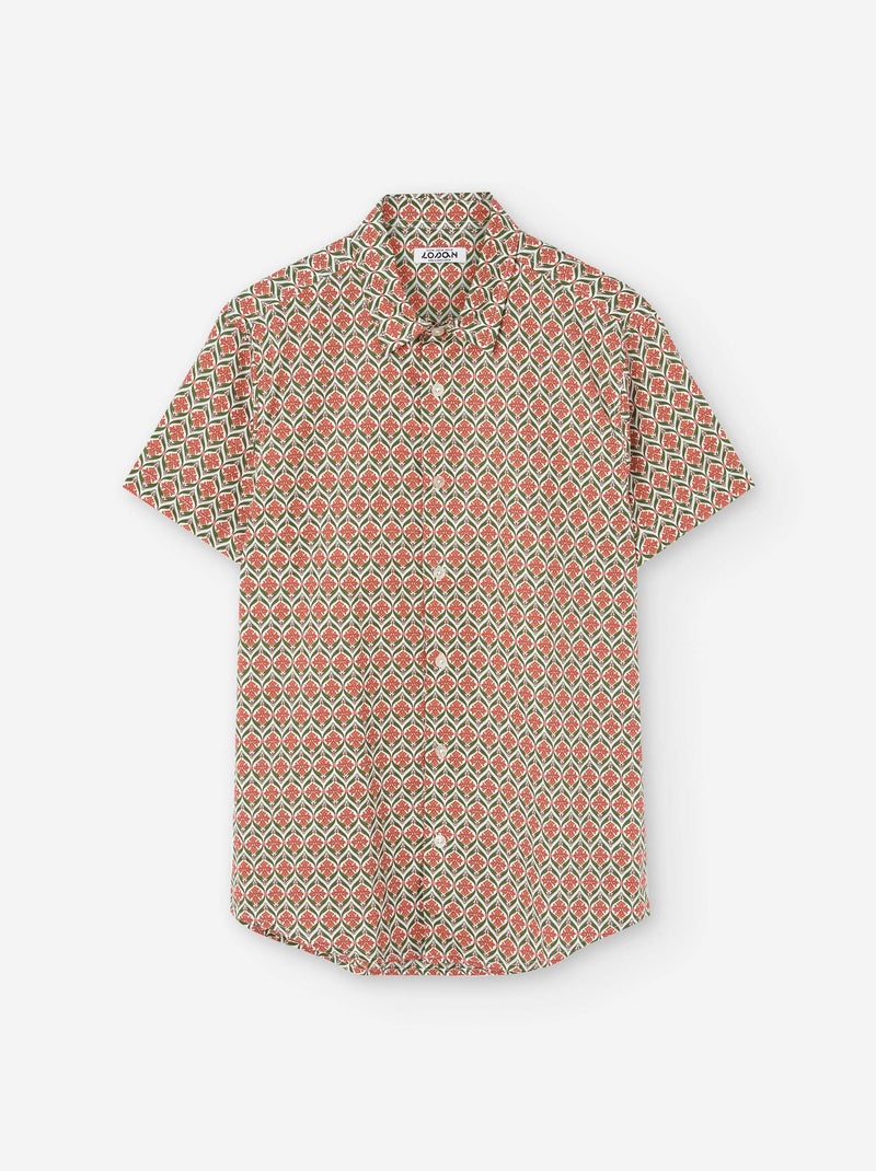 Chemise à Manches Courtes en Coton avec Motif Corail/Turquoise/Crème - Kiabi