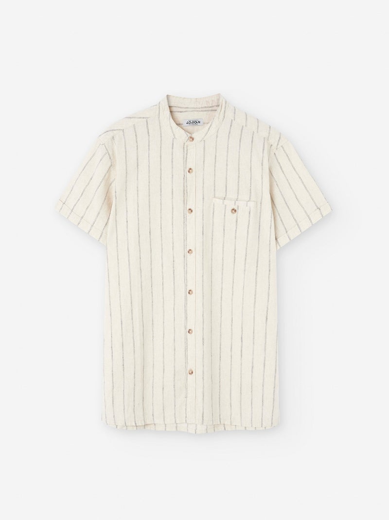 Chemise à Manches Courtes en Coton et Lin à Rayures Beige - Kiabi