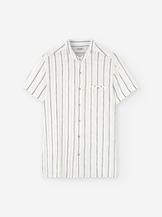Chemise à Manches Courtes en Coton et Lin à Rayures
