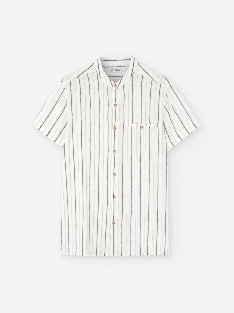 Chemise à Manches Courtes en Coton et Lin à Rayures Blanc Ecru - Kiabi