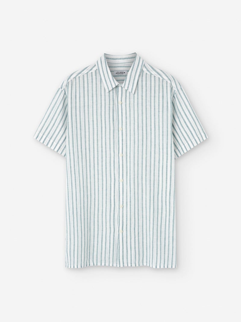Chemise à Manches Courtes en Coton et Lin à Rayures Blanc Ecru - Kiabi