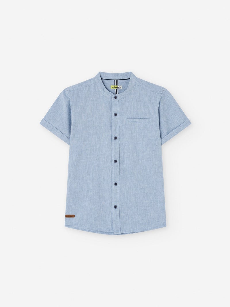 Chemise à Manches Courtes en Coton et Lin avec Col Mao Bleu - Kiabi