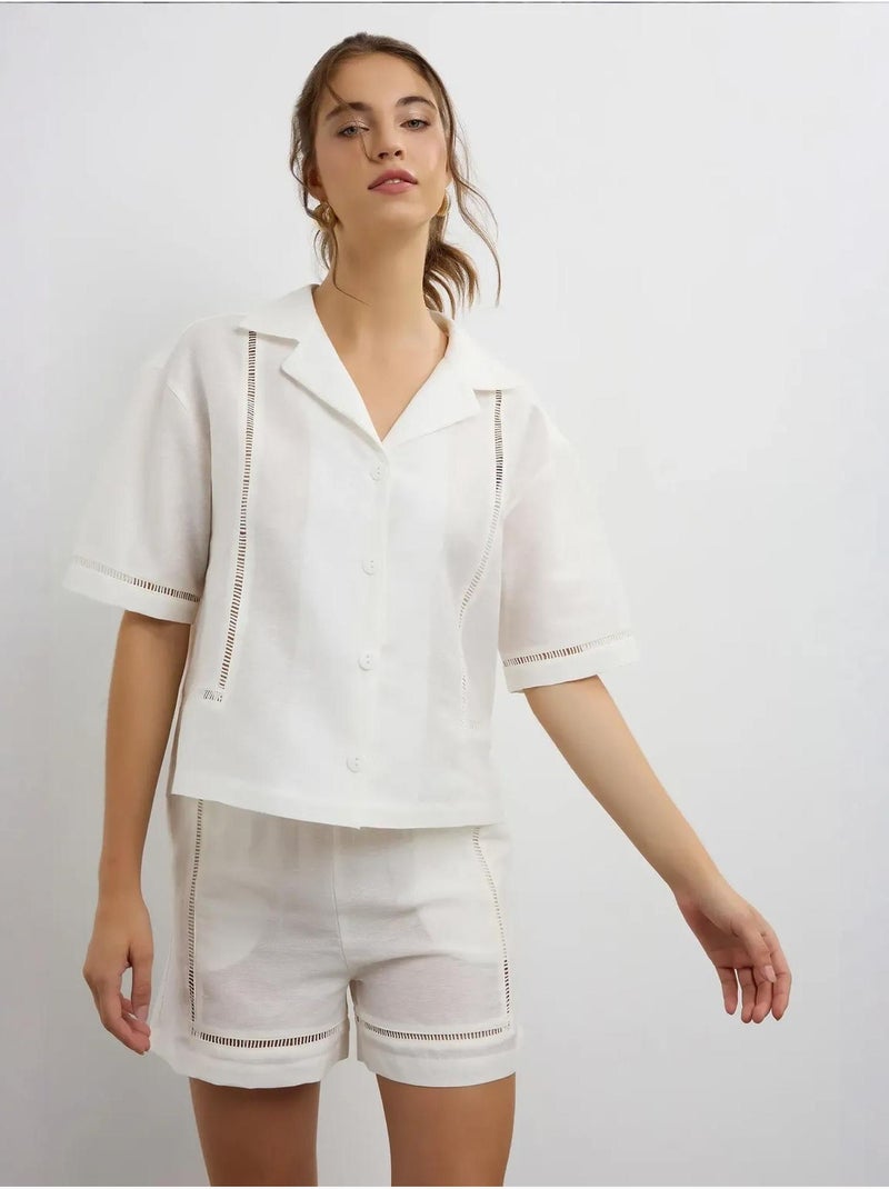 Chemise à manches courtes en lin avec détails découpés Beige naturel - Kiabi