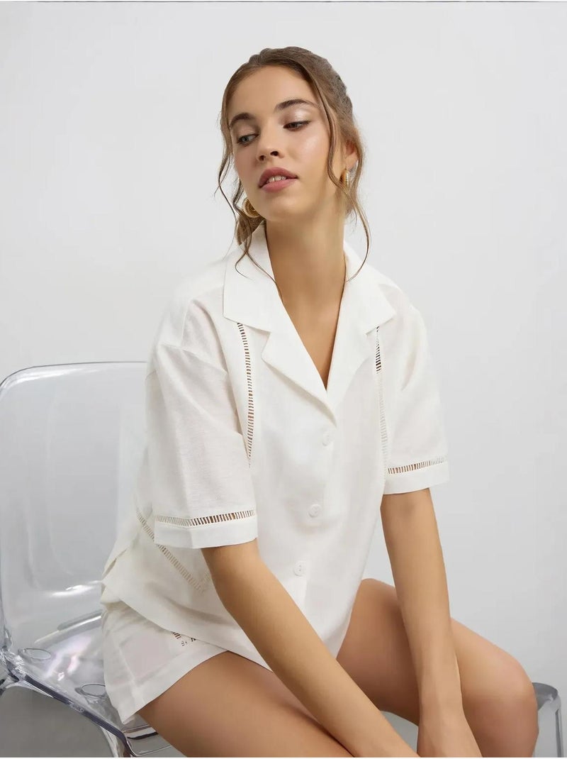 Chemise à manches courtes en lin avec détails découpés Beige naturel - Kiabi