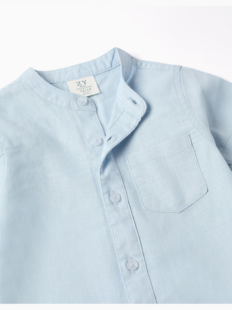 Chemise à manches courtes en lin et coton avec poche Bleu clair - Kiabi
