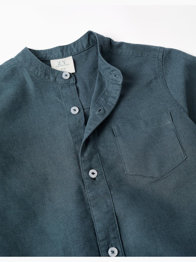Chemise à manches courtes en lin et coton avec poche Bleu foncé - Kiabi