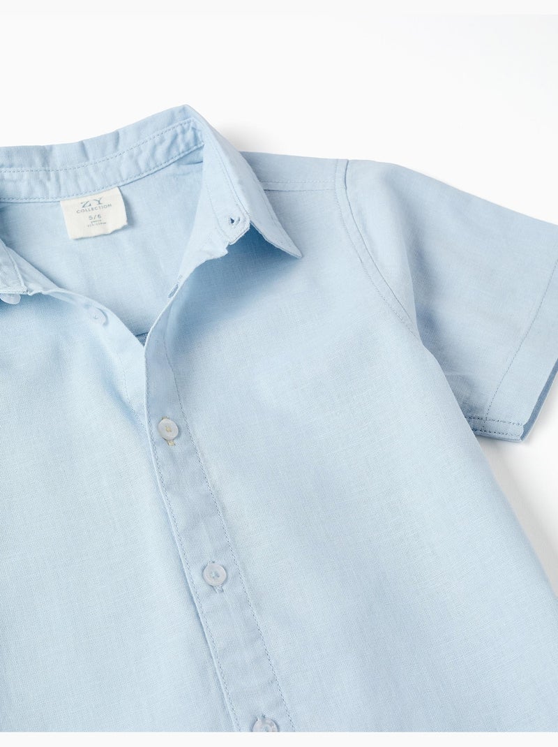 Chemise à manches courtes en lin et coton Bleu clair - Kiabi