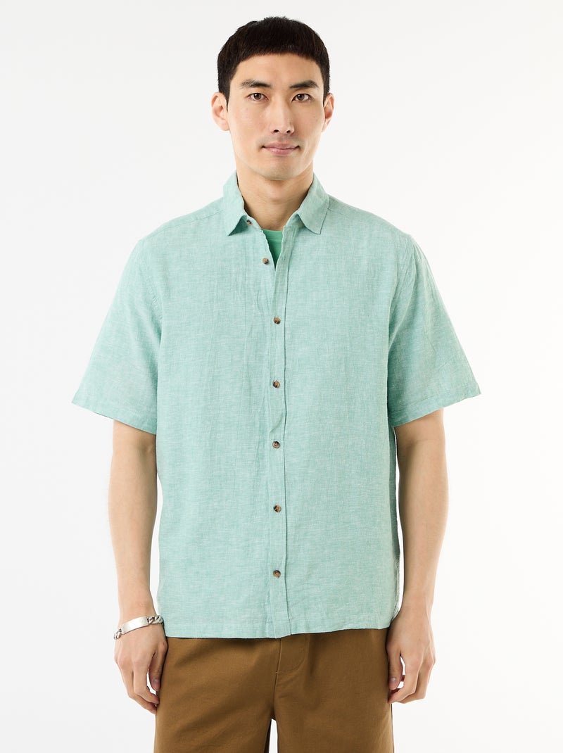 Chemise à manches courtes en lin mélangé Vert - Kiabi