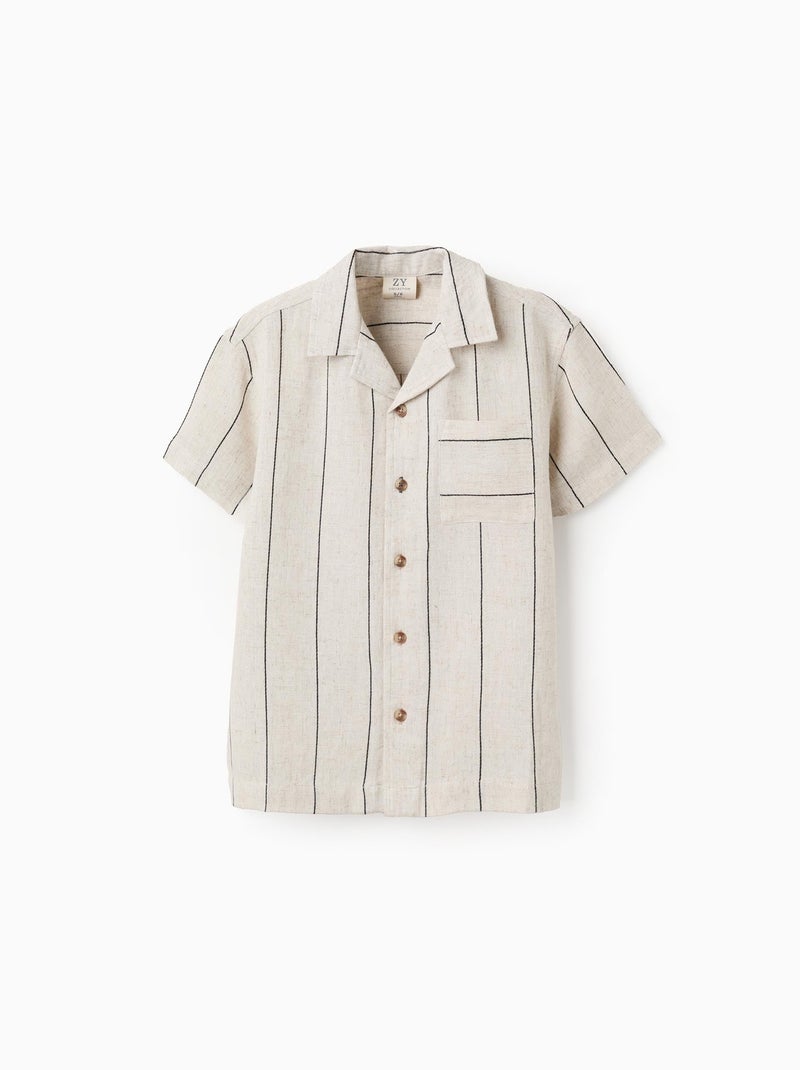 Chemise à Manches Courtes en Viscose et Lin Beige - Kiabi