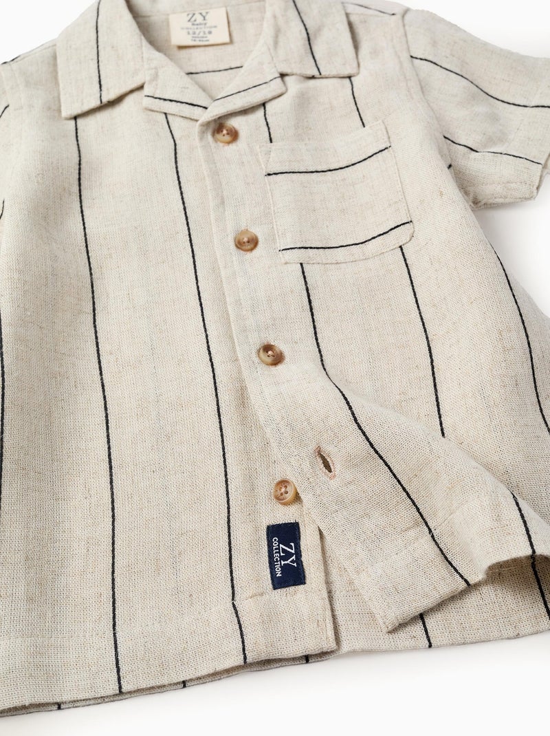 Chemise à Manches Courtes en Viscose et Lin Beige - Kiabi