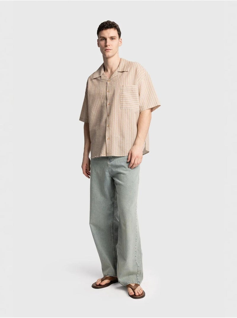 Chemise à manches courtes rayée texturée avec poche giesto Beige argile - Kiabi