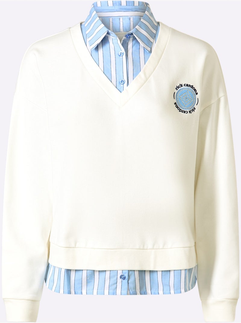 Chemise à Manches Longues 2 En 1 Aspect 2 En 1 Tendance - Taille Standard - Helline Bleu Ecru - Kiabi