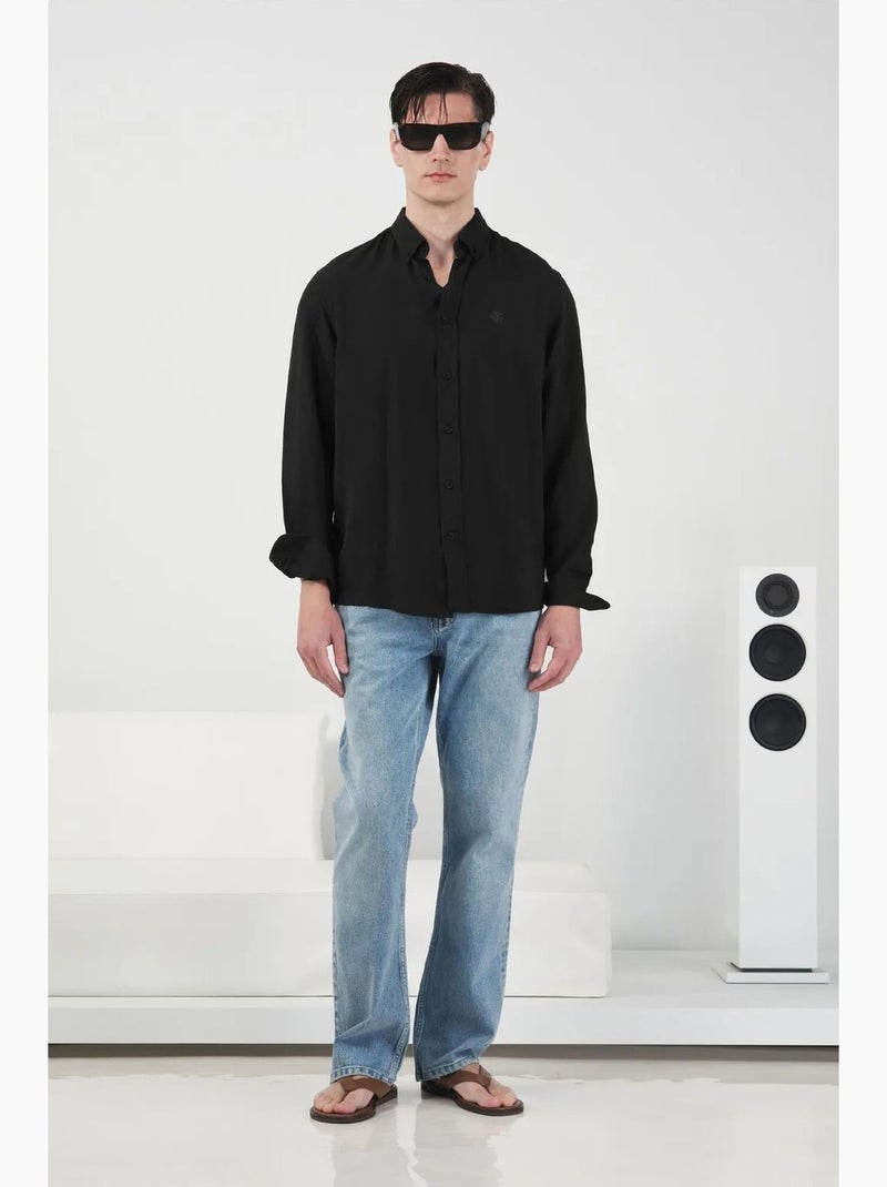 Chemise à manches longues boutonnée coupe classique en tencel giesto Noir - Kiabi