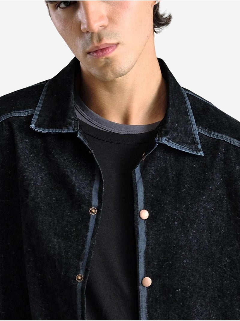 Chemise à manches longues boutonnée en gabardine avec col veste giesto Noir - Kiabi