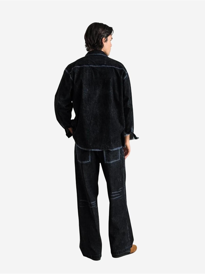Chemise à manches longues boutonnée en gabardine avec col veste giesto Noir - Kiabi