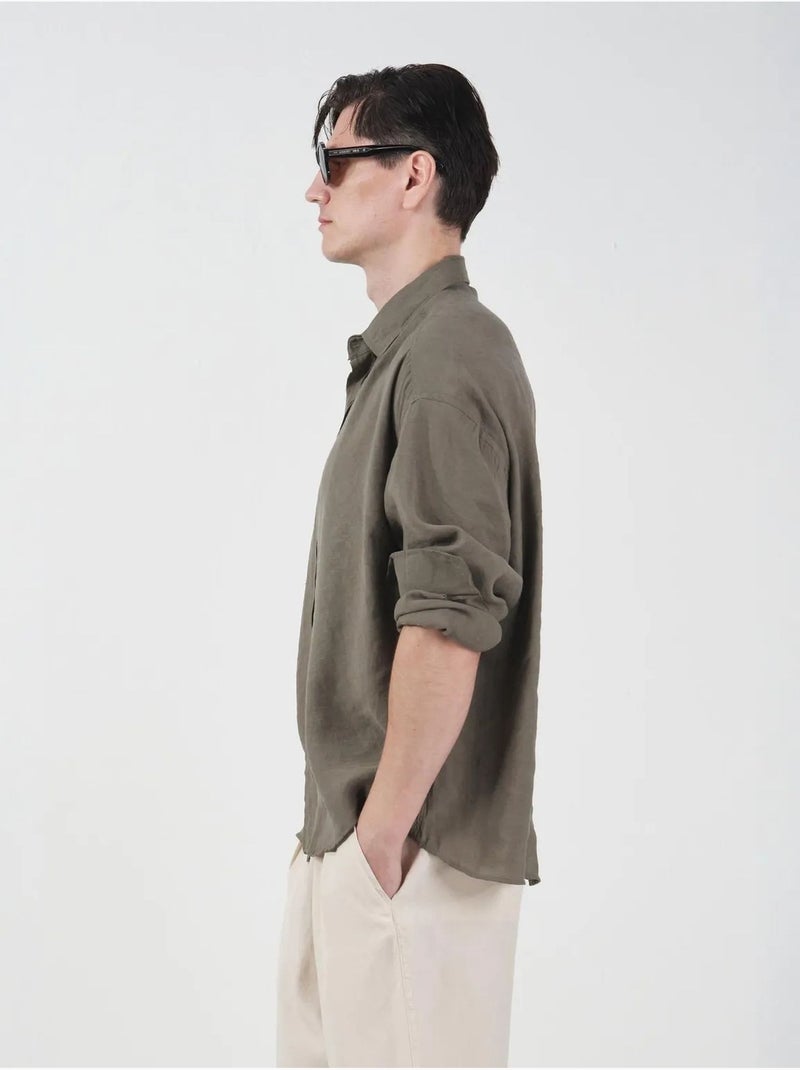 Chemise à manches longues boutonnée oversize giesto Kaki - Kiabi