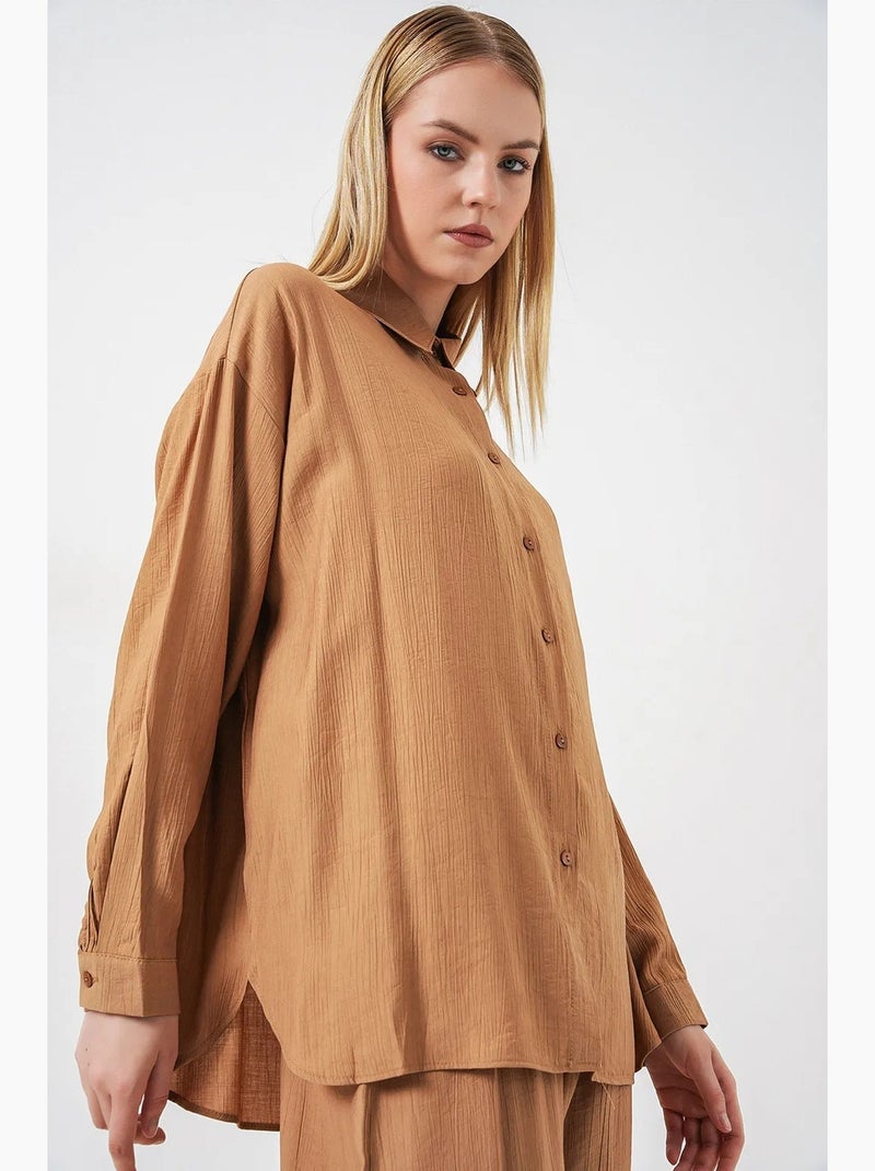 Chemise à manches longues boutonnée texturée bdart Camel - Kiabi
