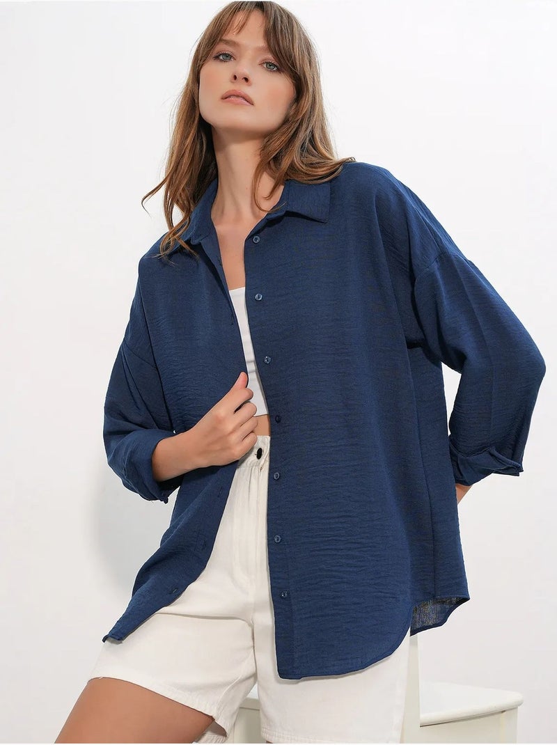 Chemise à manches longues brodée avec fermeture à boutons bdart Bleu marine - Kiabi