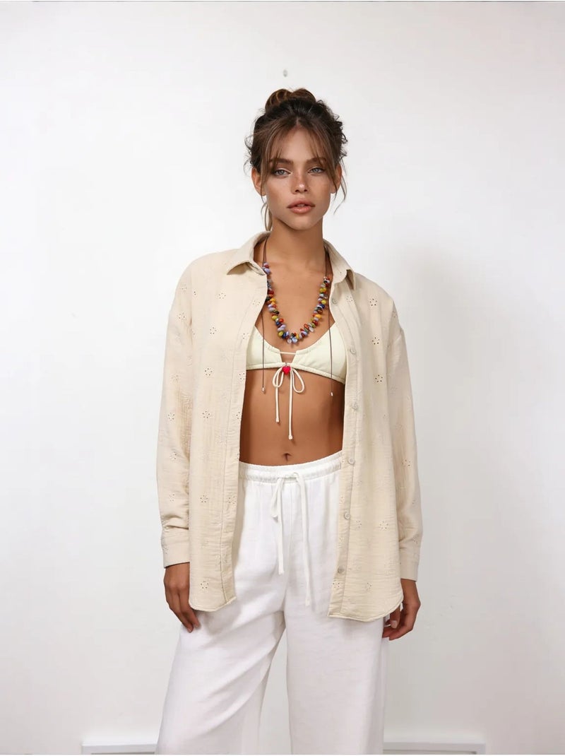 Chemise à manches longues brodée texturée avec fermeture boutonnée istanbul Beige argile - Kiabi