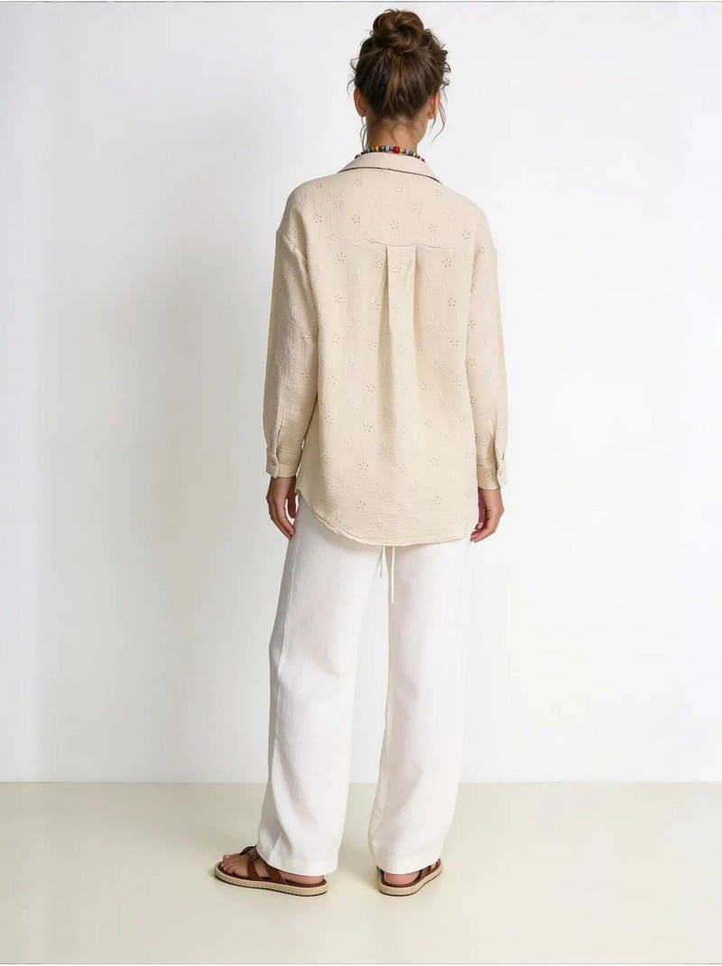 Chemise à manches longues brodée texturée avec fermeture boutonnée istanbul Beige argile - Kiabi