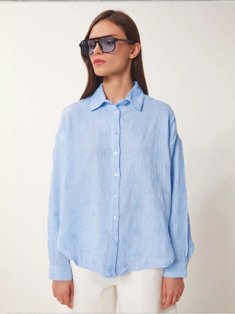 Chemise à manches longues brodée texturée avec fermeture boutonnée istanbul Bleu ciel - Kiabi