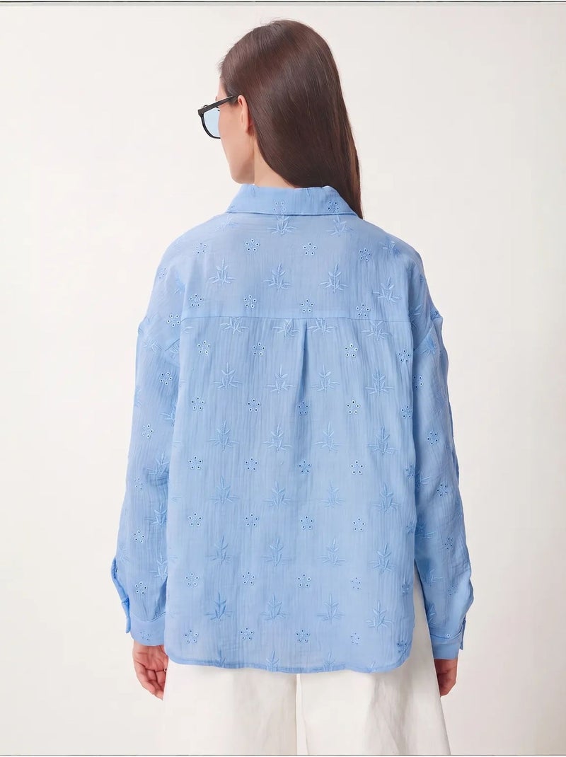Chemise à manches longues brodée texturée avec fermeture boutonnée istanbul Bleu ciel - Kiabi