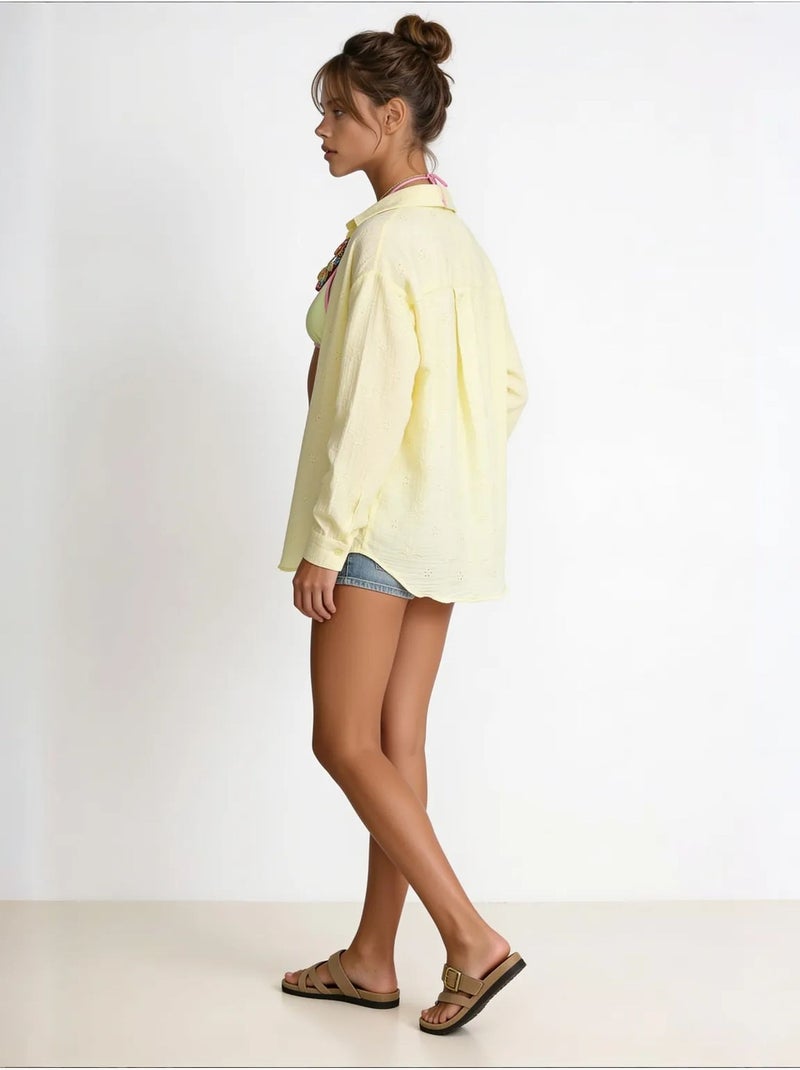 Chemise à manches longues brodée texturée avec fermeture boutonnée istanbul Jaune citron - Kiabi