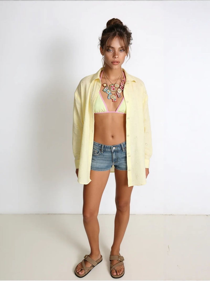 Chemise à manches longues brodée texturée avec fermeture boutonnée istanbul Jaune citron - Kiabi
