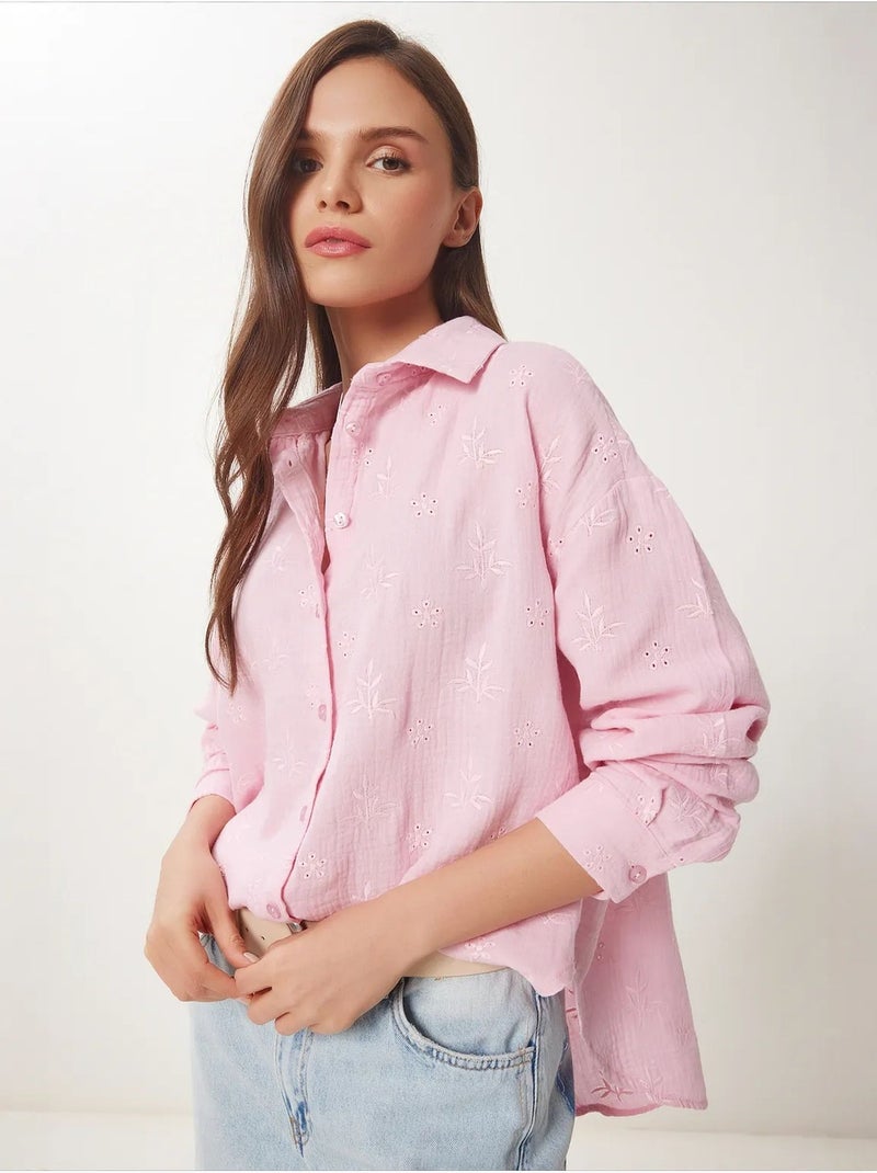 Chemise à manches longues brodée texturée avec fermeture boutonnée istanbul Rose - Kiabi