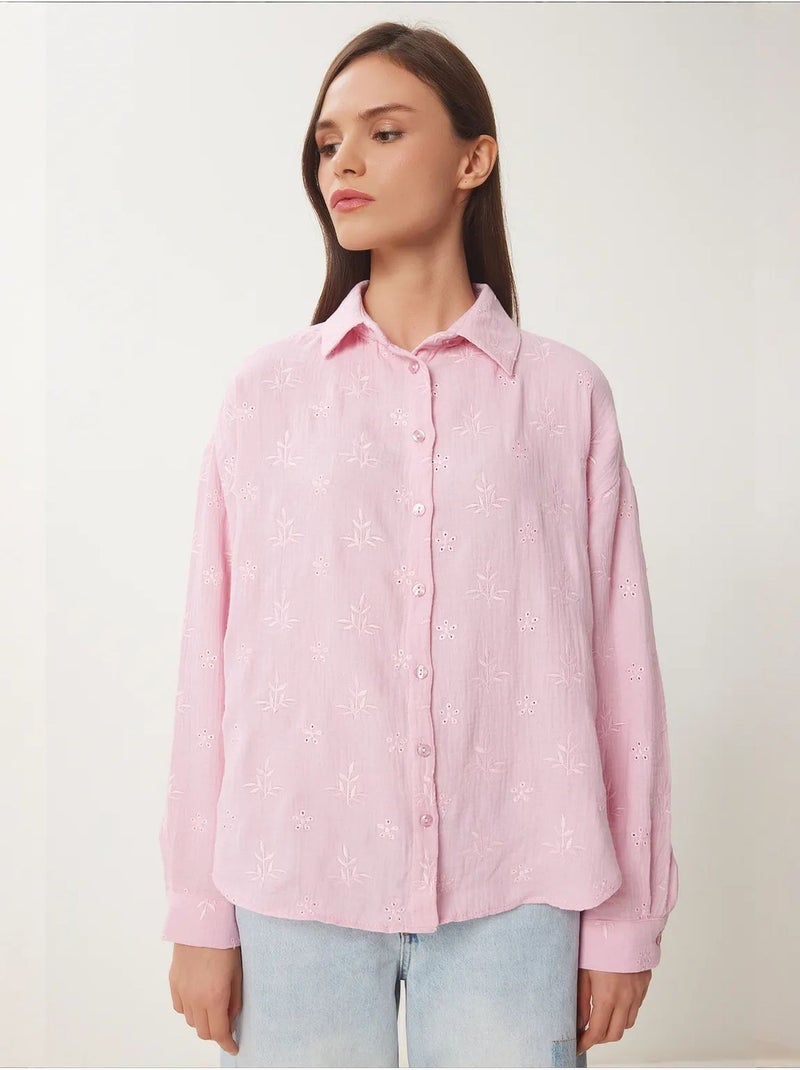 Chemise à manches longues brodée texturée avec fermeture boutonnée istanbul Rose - Kiabi