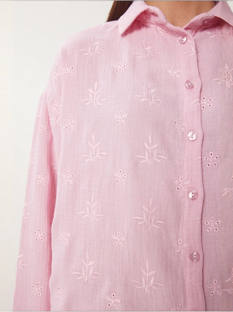 Chemise à manches longues brodée texturée avec fermeture boutonnée istanbul Rose - Kiabi