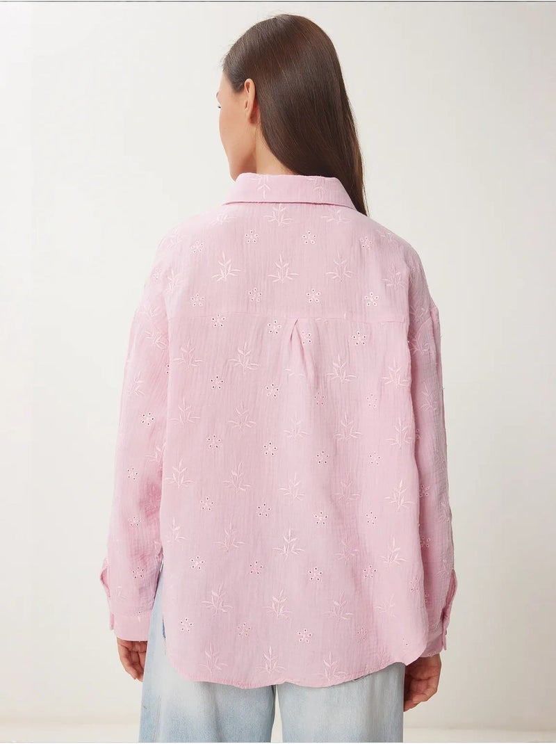 Chemise à manches longues brodée texturée avec fermeture boutonnée istanbul Rose - Kiabi