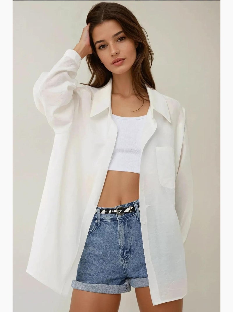 Chemise à manches longues coupe décontractée avec col chemise hiccup Blanc cassé - Kiabi