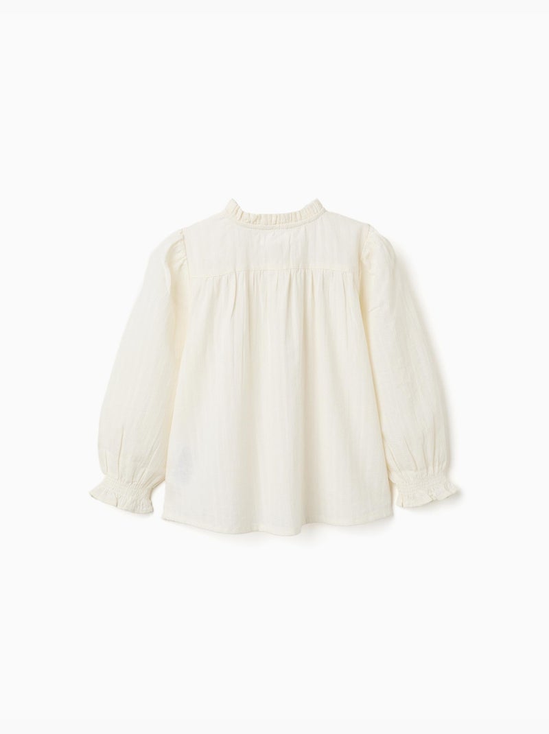 Chemise à manches longues en coton avec volants Blanc - Kiabi