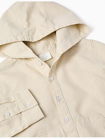 Chemise à manches longues en lin et coton avec capuche