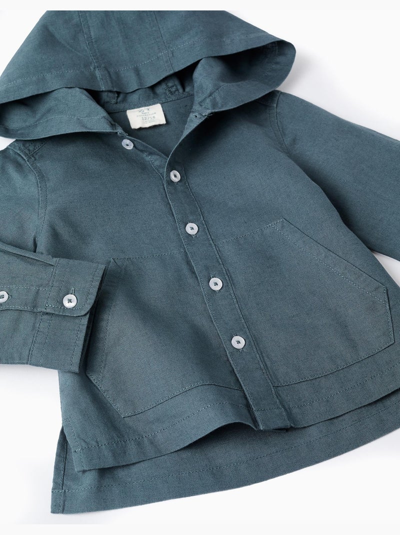 Chemise à manches longues en lin et coton avec capuche Bleu Bleu - Kiabi